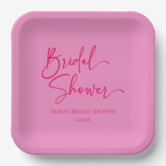 Hot Pink Modern Minimalist Bridal Shower Paper Plate (Front)