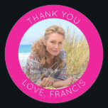 Hot Pink Modern Minimalist Thank You Photo Classic Round Sticker<br><div class="desc">Create your own personalized circle photo round thank you stickers. Customize the solid hot pink background colour or the white thin line text colour to match your photo. If you change the font type or size, you can fine tune the curvature of the text in small increments. Have fun creating...</div>
