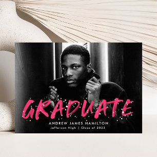 Hot Pink Modern Paint Splatter Photo Graduation Announcement