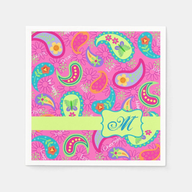 Hot Pink Modern Paisley Monogram Napkin (Front)