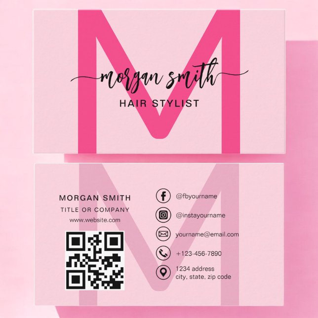 Hot Pink Modern QR Code Script Girly Monogram Name Business Card (Creator Uploaded)
