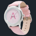 Hot Pink Modern Script Girls Monogram Name Watch<br><div class="desc">Introducing a timeless accessory designed for those with a discerning taste for elegance. This custom monogram watch, featuring the hot pink initial "A" in a modern script, effortlessly combines sophistication with a playful pop of colour. The soft blush leather strap offers comfort and luxury, while the sleek silver-tone case adds...</div>