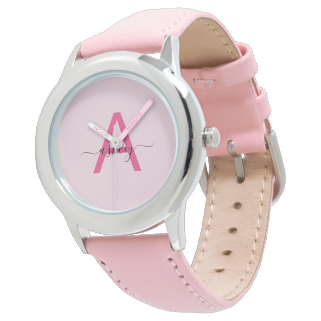 Hot Pink Modern Script Girls Monogram Name Watch (Angled)