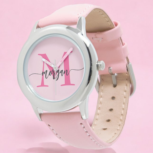 Hot Pink Modern Script Girls Monogram Name Watch (Creator Uploaded)