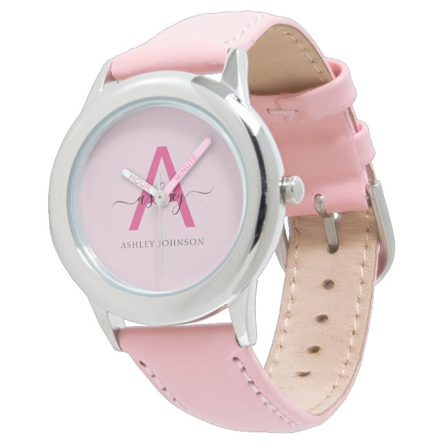 Hot Pink Modern Script Girls Monogram Name Watch (Angled)