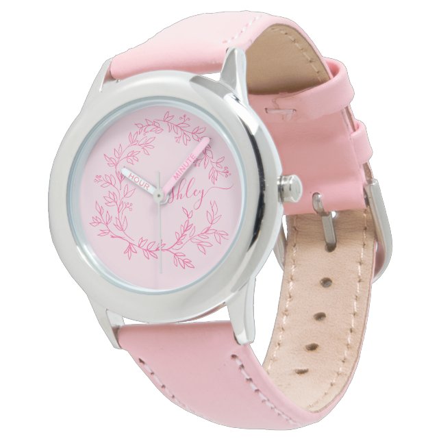 Hot Pink Modern Script Girls Monogram Name Watch (Angled)