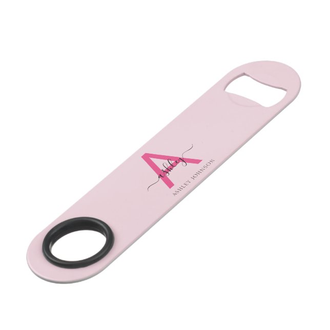 Hot Pink Modern Script Girly Monogram Name Bar Key (Front Angled)