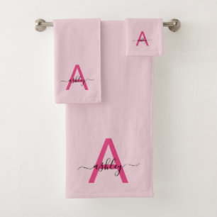 Hot Pink Modern Script Girly Monogram Name Bath Towel Set