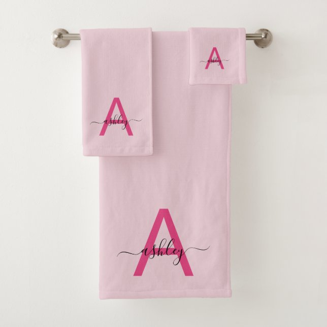 Hot Pink Modern Script Girly Monogram Name Bath Towel Set (Insitu)