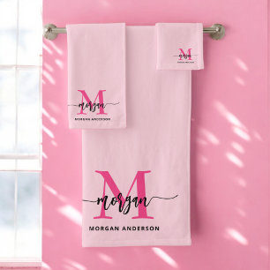 Hot Pink Modern Script Girly Monogram Name Bath Towel Set