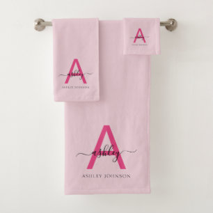 Hot Pink Modern Script Girly Monogram Name Bath Towel Set