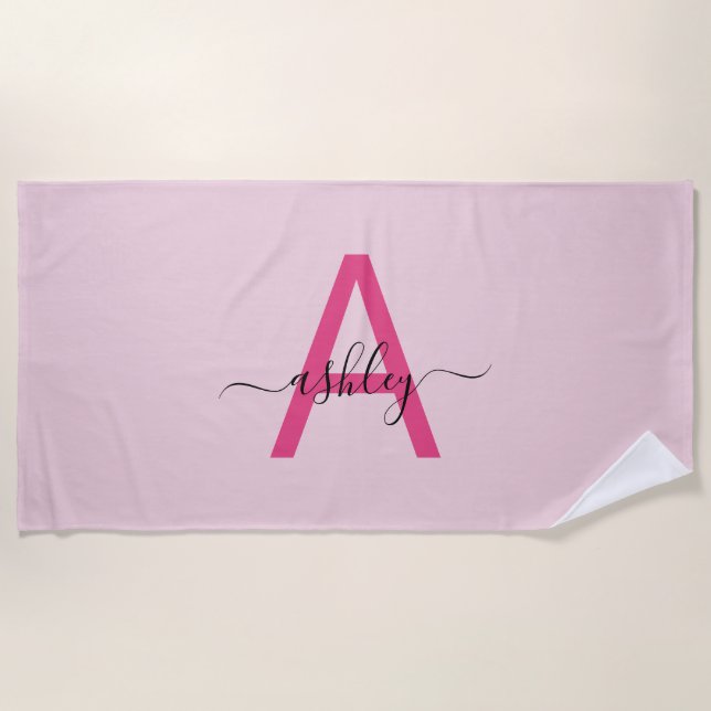 Hot Pink Modern Script Girly Monogram Name Beach Towel (Front)