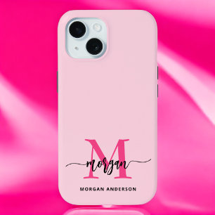 Hot Pink Modern Script Girly Monogram Name iPhone 15 Case