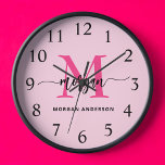 Hot Pink Modern Script Girly Monogram Name  Clock<br><div class="desc">Make a bold statement in your space with our Hot Pink Modern Script Girly Monogram Name Large Clock! Featuring a vibrant hot pink design and personalized with your name in an elegant modern script, this clock adds a stylish and personal touch to any room. Perfect for bedrooms, offices, or living...</div>