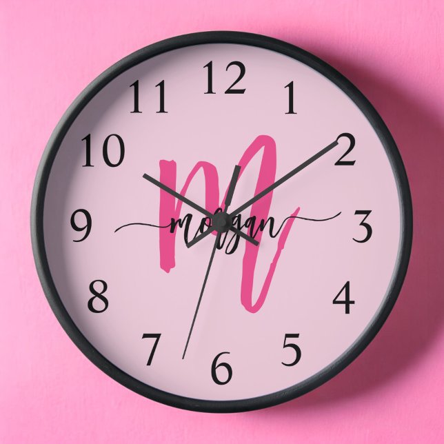 Hot Pink Modern Script Girly Monogram Name  Clock (Creator Uploaded)