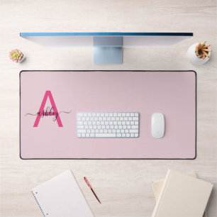 Hot Pink Modern Script Girly Monogram Name Desk Mat