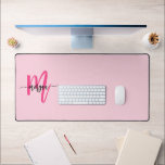 Hot Pink Modern Script Girly Monogram Name Desk Mat<br><div class="desc">Enhance your workspace with our Hot Pink Modern Script Girly Monogram Name Desk Mat! Featuring a bold hot pink design, this desk mat is personalized with your name in a chic modern script for a custom touch. Made from high-quality, durable materials, it provides a smooth, comfortable surface for writing and...</div>