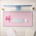 Hot Pink Modern Script Girly Monogram Name Desk Mat<br><div class="desc">Enhance your workspace with our Hot Pink Modern Script Girly Monogram Name Desk Mat! Featuring a bold hot pink design, this desk mat is personalized with your name in a chic modern script for a custom touch. Made from high-quality, durable materials, it provides a smooth, comfortable surface for writing and...</div>