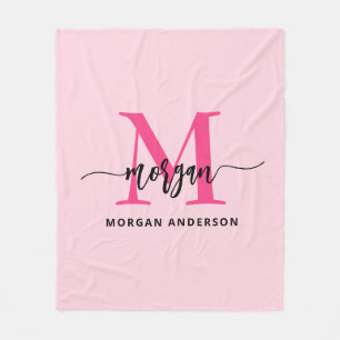 Hot Pink Modern Script Girly Monogram Name Fleece Blanket