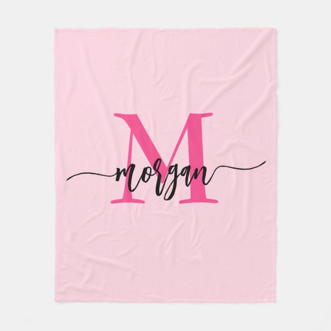 Hot Pink Modern Script Girly Monogram Name Fleece Blanket (Front)