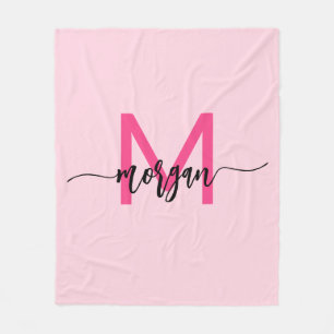 Hot Pink Modern Script Girly Monogram Name Fleece Blanket