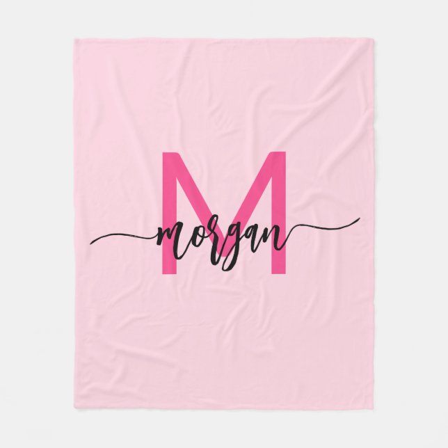Hot Pink Modern Script Girly Monogram Name Fleece Blanket (Front)