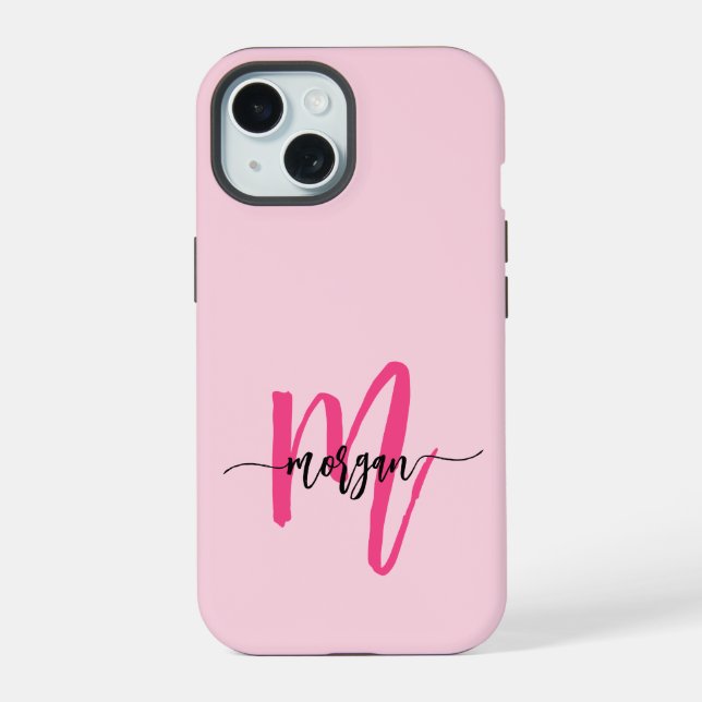 Hot Pink Modern Script Girly Monogram Name iPhone 15 Case (Back)