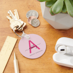 Hot Pink Modern Script Girly Monogram Name Keychain