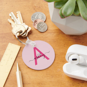 Hot Pink Modern Script Girly Monogram Name Keychain