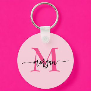 Hot Pink Modern Script Girly Monogram Name Keychain