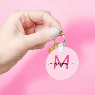 Hot Pink Modern Script Girly Monogram Name Keychain