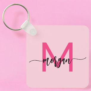 Hot Pink Modern Script Girly Monogram Name Keychain