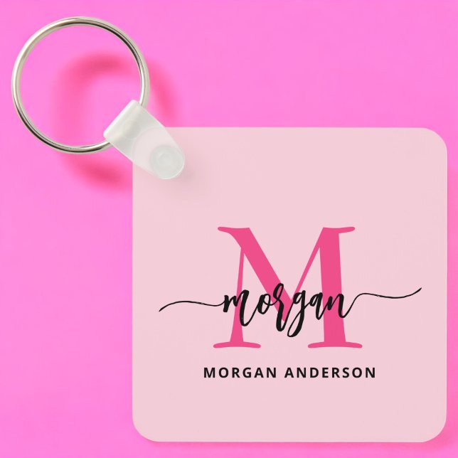 Hot Pink Modern Script Girly Monogram Name Keychain (Creator Uploaded)