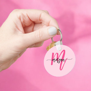 Hot Pink Modern Script Girly Monogram Name Keychain