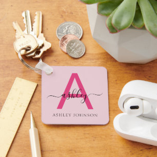 Hot Pink Modern Script Girly Monogram Name Keychain