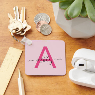 Hot Pink Modern Script Girly Monogram Name Keychain
