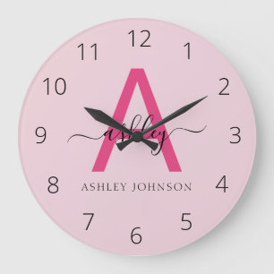Hot Pink Modern Script Girly Monogram Name Large Clock