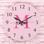 Hot Pink Modern Script Girly Monogram Name  Large Clock<br><div class="desc">Make a bold statement in your space with our Hot Pink Modern Script Girly Monogram Name Large Clock! Featuring a vibrant hot pink design and personalized with your name in an elegant modern script, this clock adds a stylish and personal touch to any room. Perfect for bedrooms, offices, or living...</div>