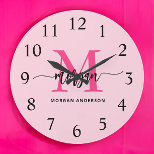 Hot Pink Modern Script Girly Monogram Name  Large Clock