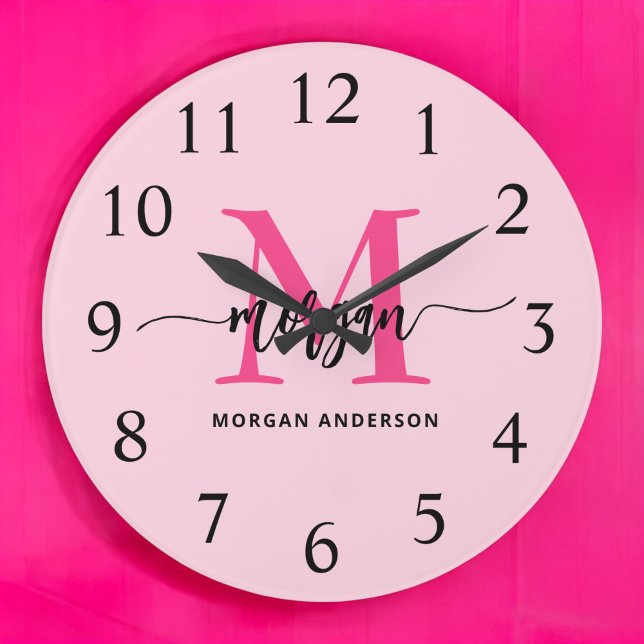 Hot Pink Modern Script Girly Monogram Name  Large Clock (Creator Uploaded)