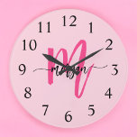 Hot Pink Modern Script Girly Monogram Name  Large Clock<br><div class="desc">Make a bold statement in your space with our Hot Pink Modern Script Girly Monogram Name Large Clock! Featuring a vibrant hot pink design and personalized with your name in an elegant modern script, this clock adds a stylish and personal touch to any room. Perfect for bedrooms, offices, or living...</div>