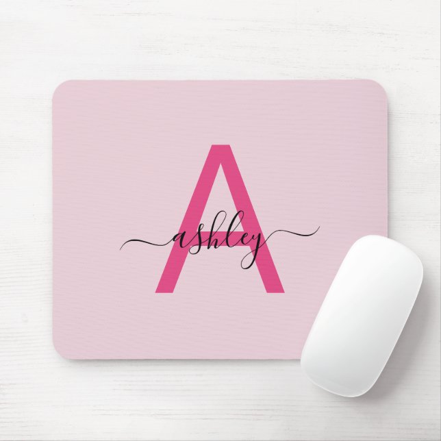 Hot Pink Modern Script Girly Monogram Name Mouse Pad (With Mouse)