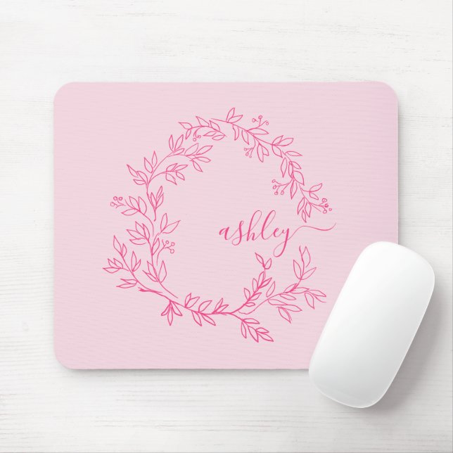 Hot Pink Modern Script Girly Monogram Name Mouse Pad (With Mouse)