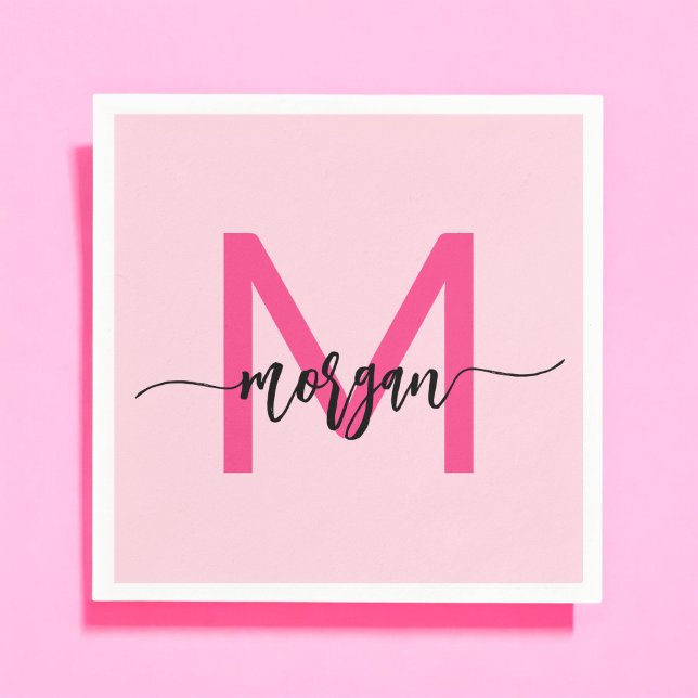 Hot Pink Modern Script Girly Monogram Name Napkin (Creator Uploaded)