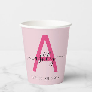 Hot Pink Modern Script Girly Monogram Name Paper Cups