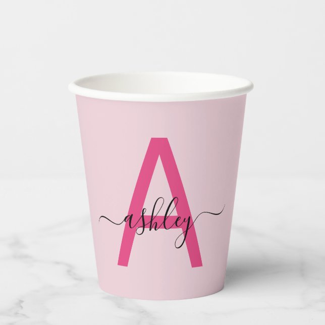 Hot Pink Modern Script Girly Monogram Name Paper Cups (Front)