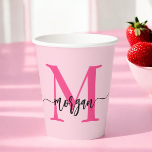 Hot Pink Modern Script Girly Monogram Name Paper Cups