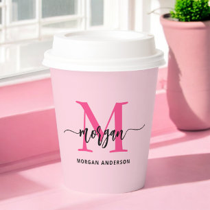 Hot Pink Modern Script Girly Monogram Name Paper Cups