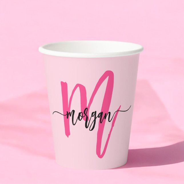 Hot Pink Modern Script Girly Monogram Name Paper Cups (Creator Uploaded)