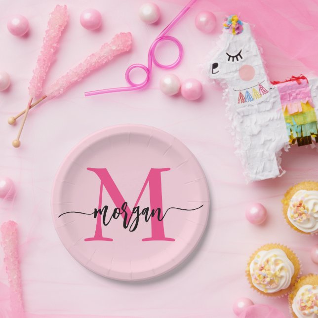 Hot Pink Modern Script Girly Monogram Name Paper Plate (Party)